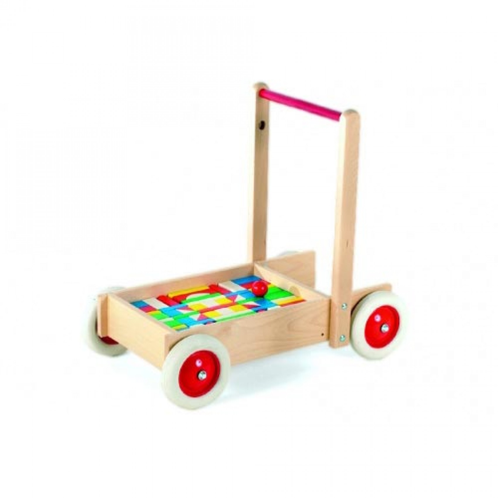 Chariot trotteur de marche en bois et ses éléments colorés